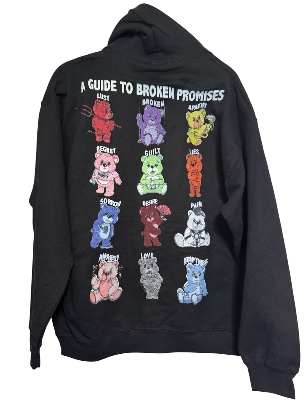 Broken Promises Bear Guide Hoodie Black Emotional Bear Graphics Streetwear Sz L